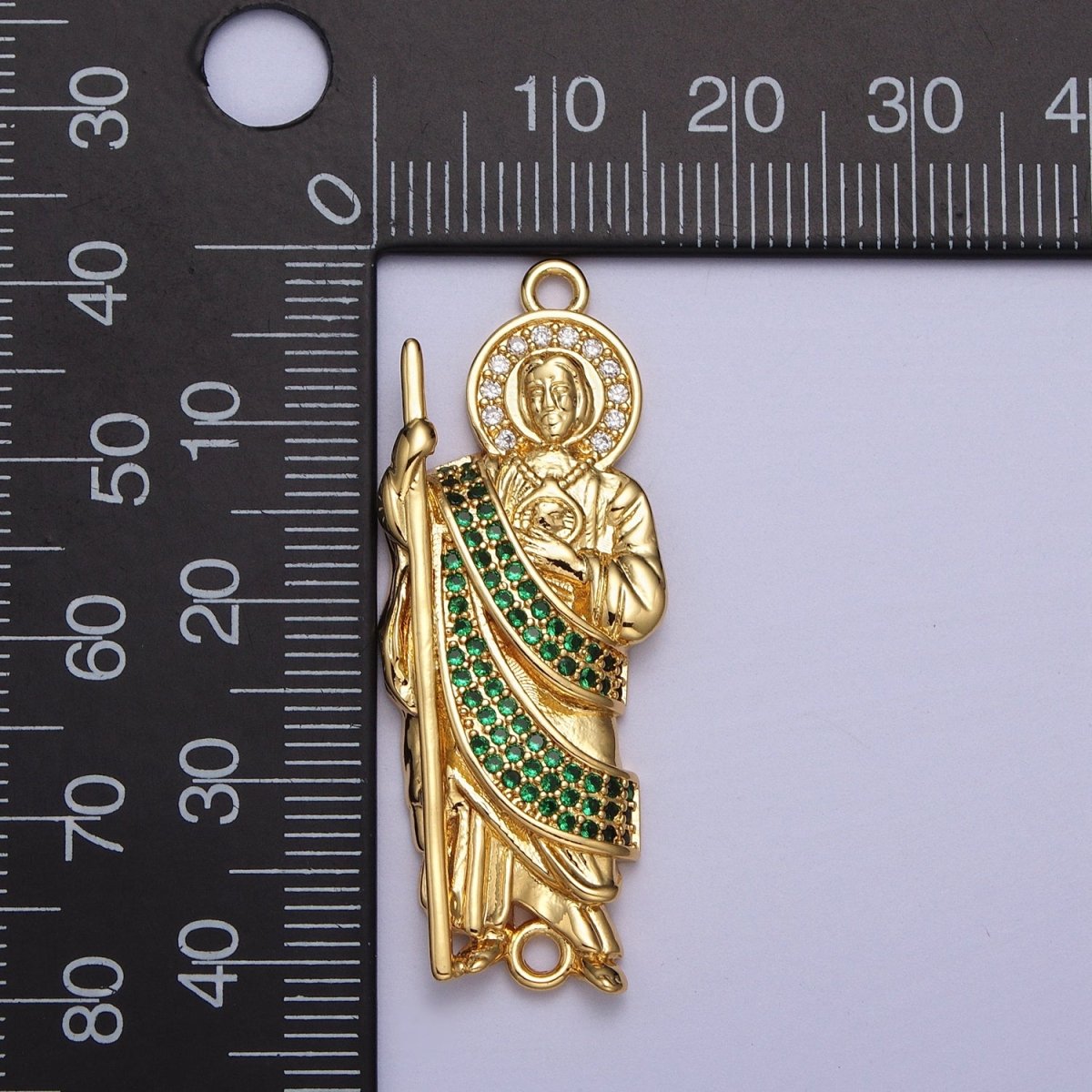 Green Micro Paved CZ Saint Jude Religious San Judas Tadeo Cadena Charm Connector for Bracelet  | Y-674