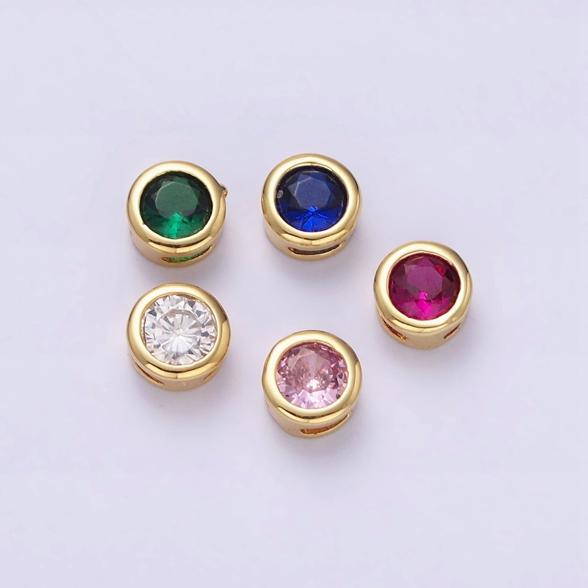 Green, Pink, Blue, Clear, Fuchsia 5.3mm Round CZ Bezel Gold Spacer Bead | B-827~B-831