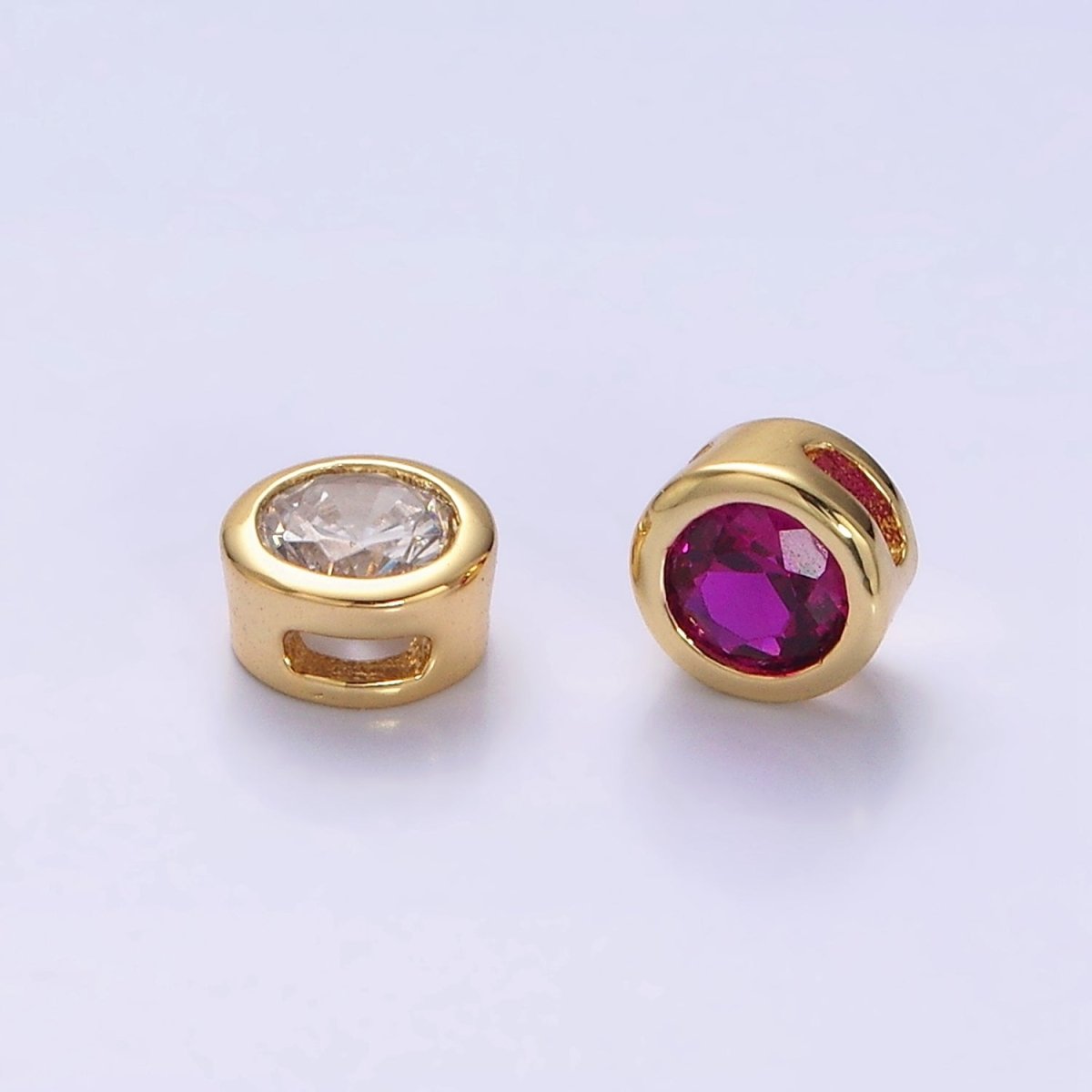 Green, Pink, Blue, Clear, Fuchsia 5.3mm Round CZ Bezel Gold Spacer Bead | B-827~B-831
