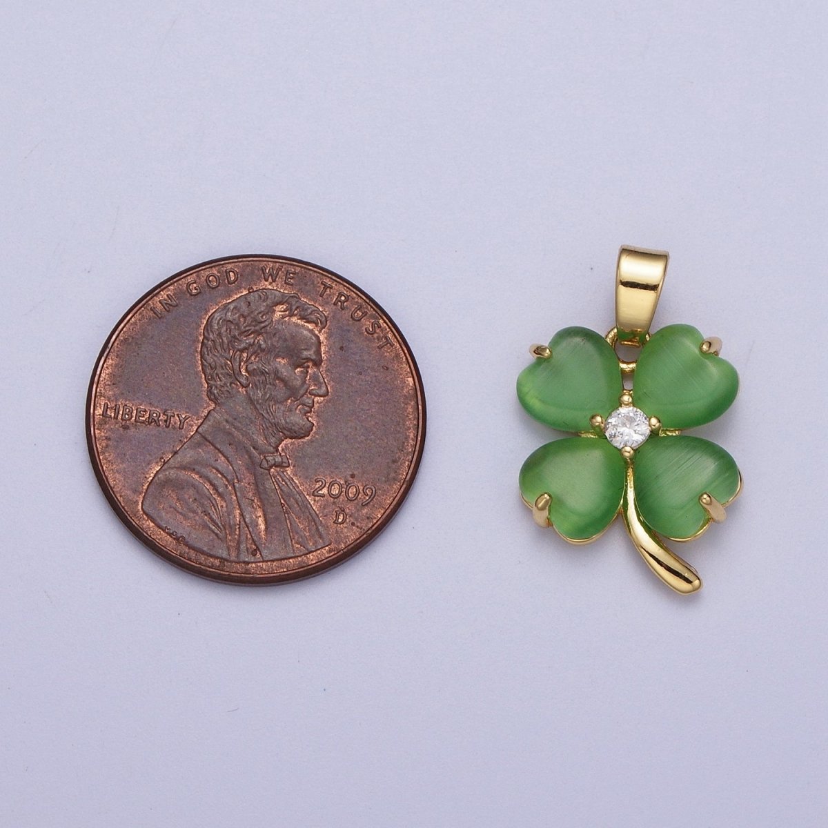 Green Quatrefoil Lucky Clover Gold Cubic Zirconia Pendant Jewelry Component For Saint Patrick Day | X-674