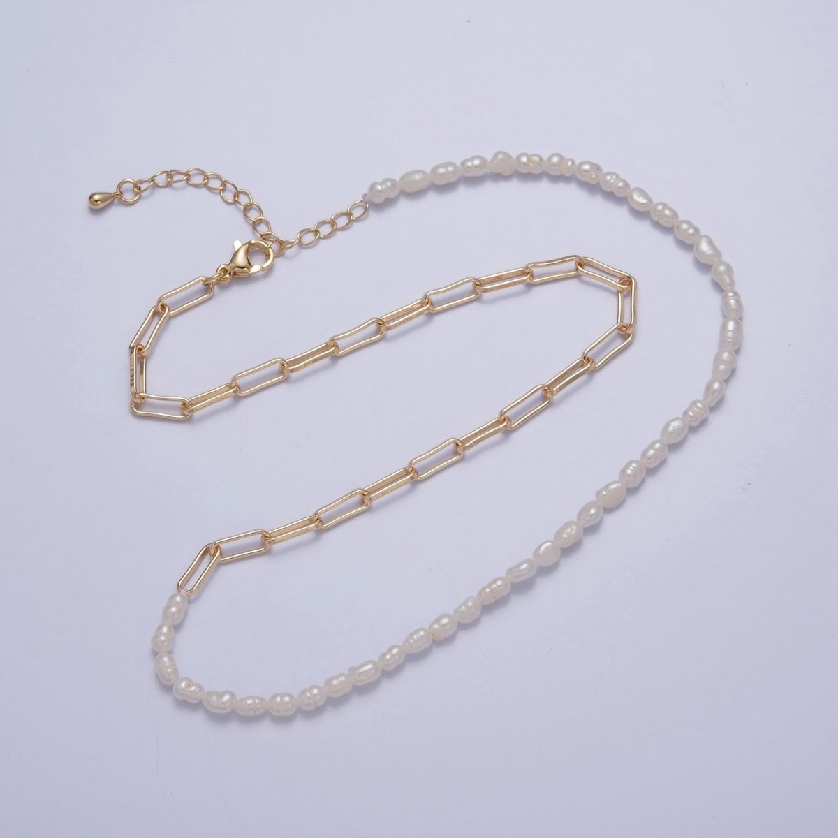 Half Pearl Half chain necklace in 18k gold fill | Layer Necklace Gold Paper Clip chain with White Freshwater Pearl | WA-1064 Clearance Pricing