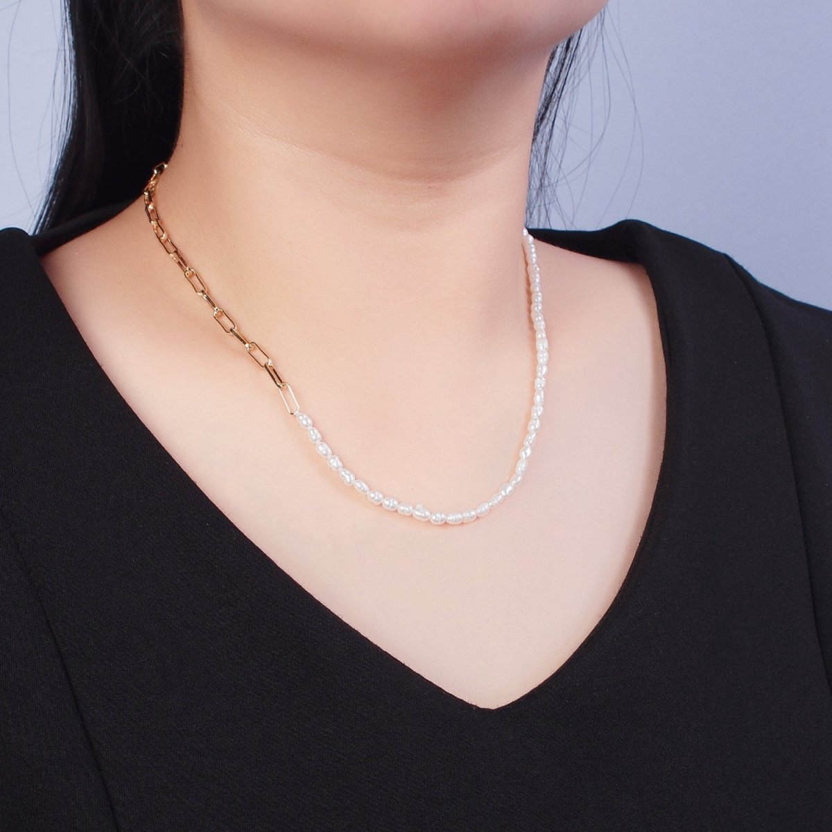 Half Pearl Half chain necklace in 18k gold fill | Layer Necklace Gold Paper Clip chain with White Freshwater Pearl | WA-1064 Clearance Pricing