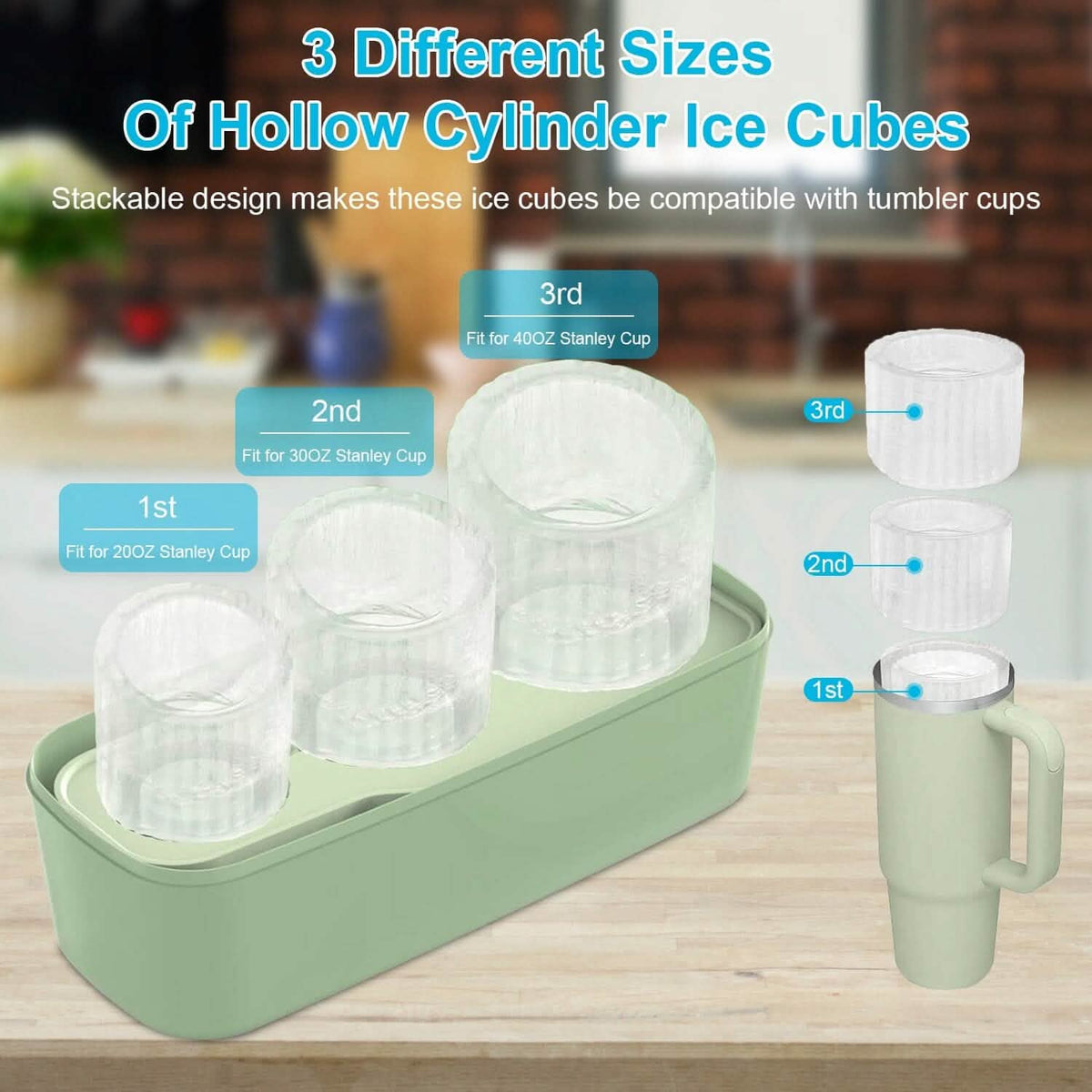 Ice Cube Tray Fit For 20oz/30oz/40oz Stanley Cup Easy Release Silicone Hallow Cylinder