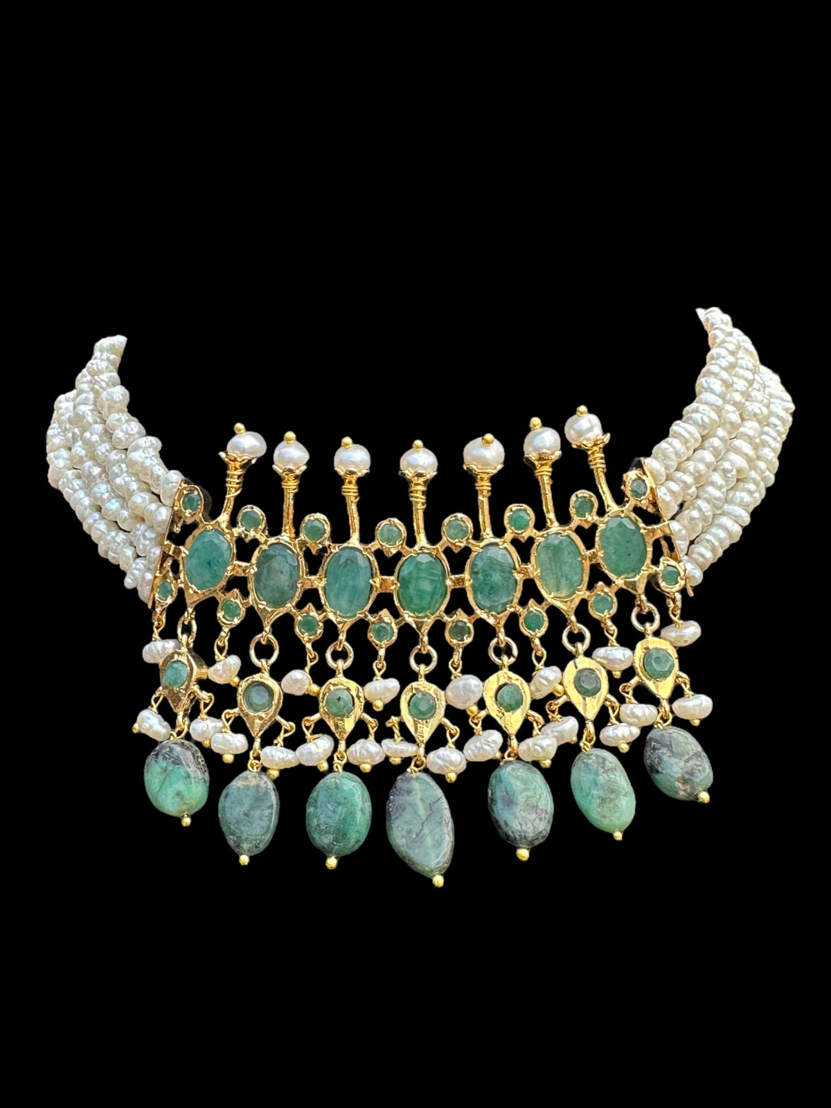 C242 Tirmani in choker style with jhumka  in fresh water pearls and emerald  (SHIPS IN 4 WEEKS)