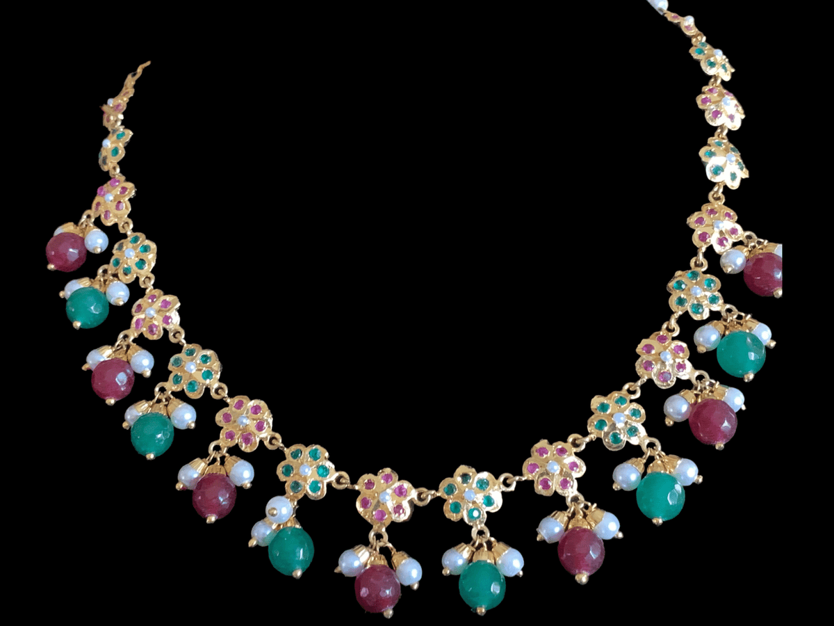NS327 Alea punjabi Jadau necklace  set - ruby emerald   (SHIPS IN 4 WEEKS)