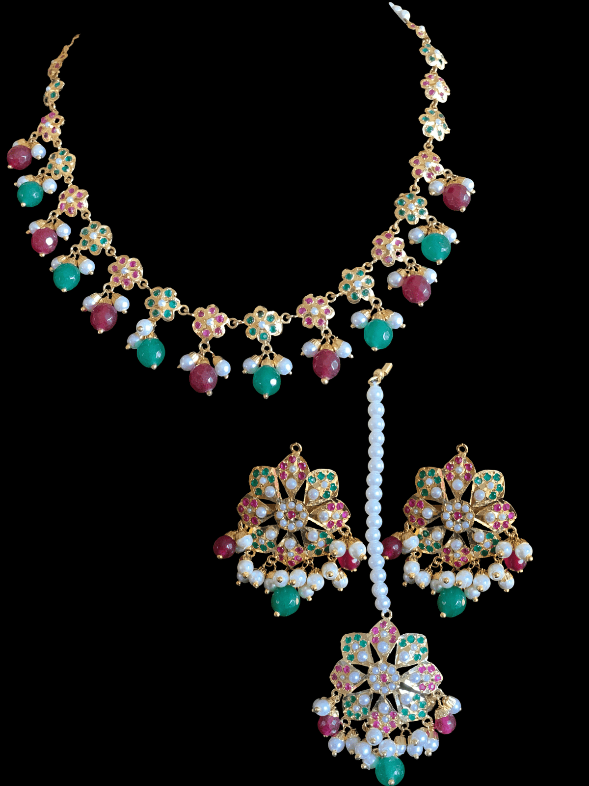 NS327 Alea punjabi Jadau necklace  set - ruby emerald   (SHIPS IN 4 WEEKS)