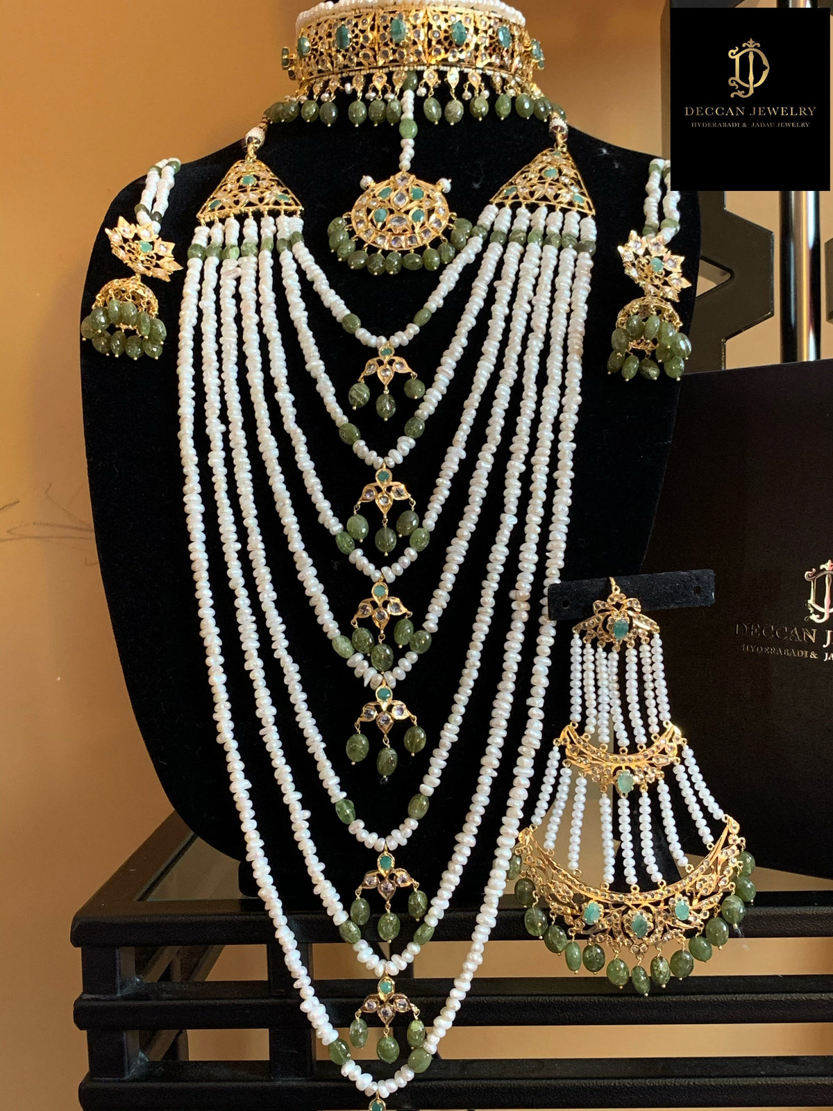 INSIA BRIDAL SET IN EMERALDS WITH FRESH WATER PEARLS ( SHIPS IN 4 WEEKS )