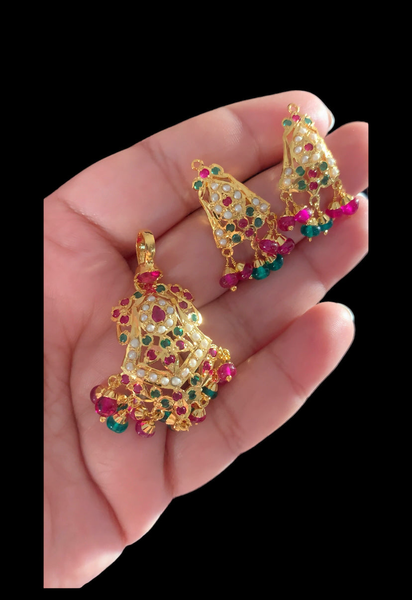 Gold plated silver pendant set in ruby emerald ( SHIPS IN 5 WEEKS  )