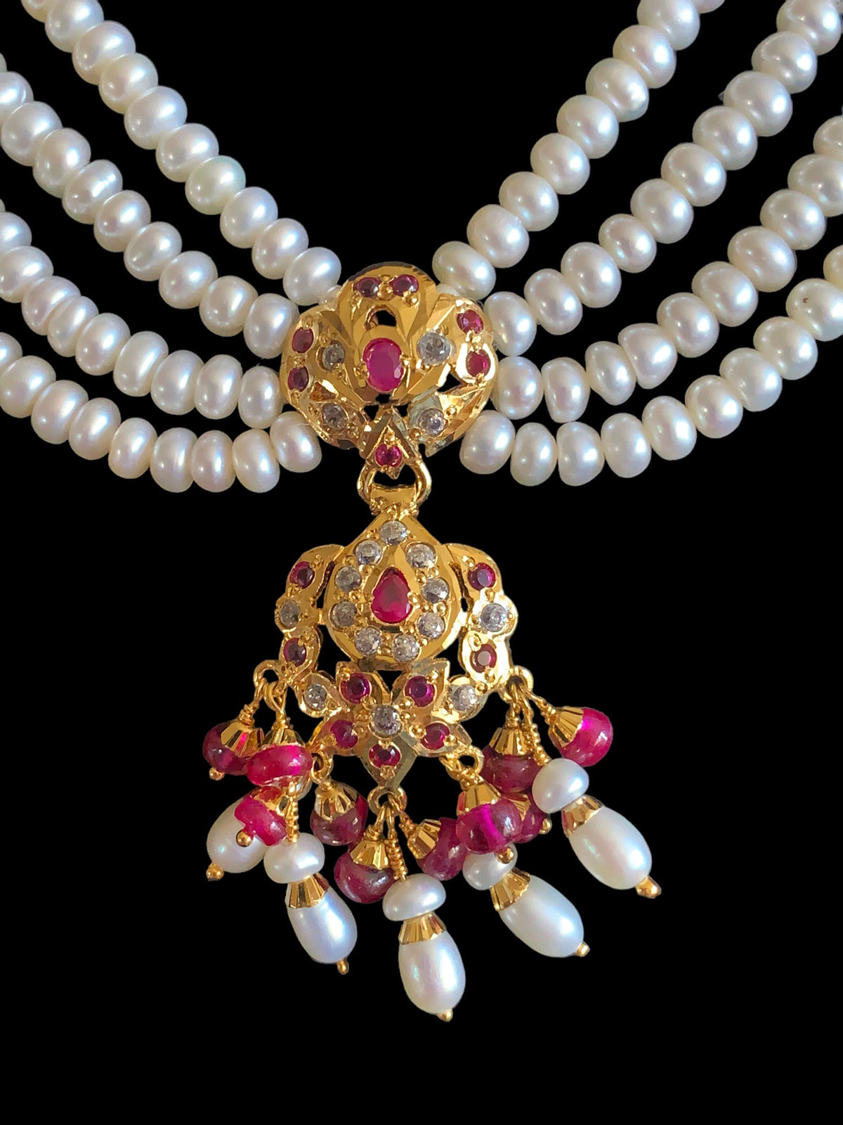 Ruby and zircon jadau gold plated silver necklace with earrings ( SHIPS IN 5 WEEKS )