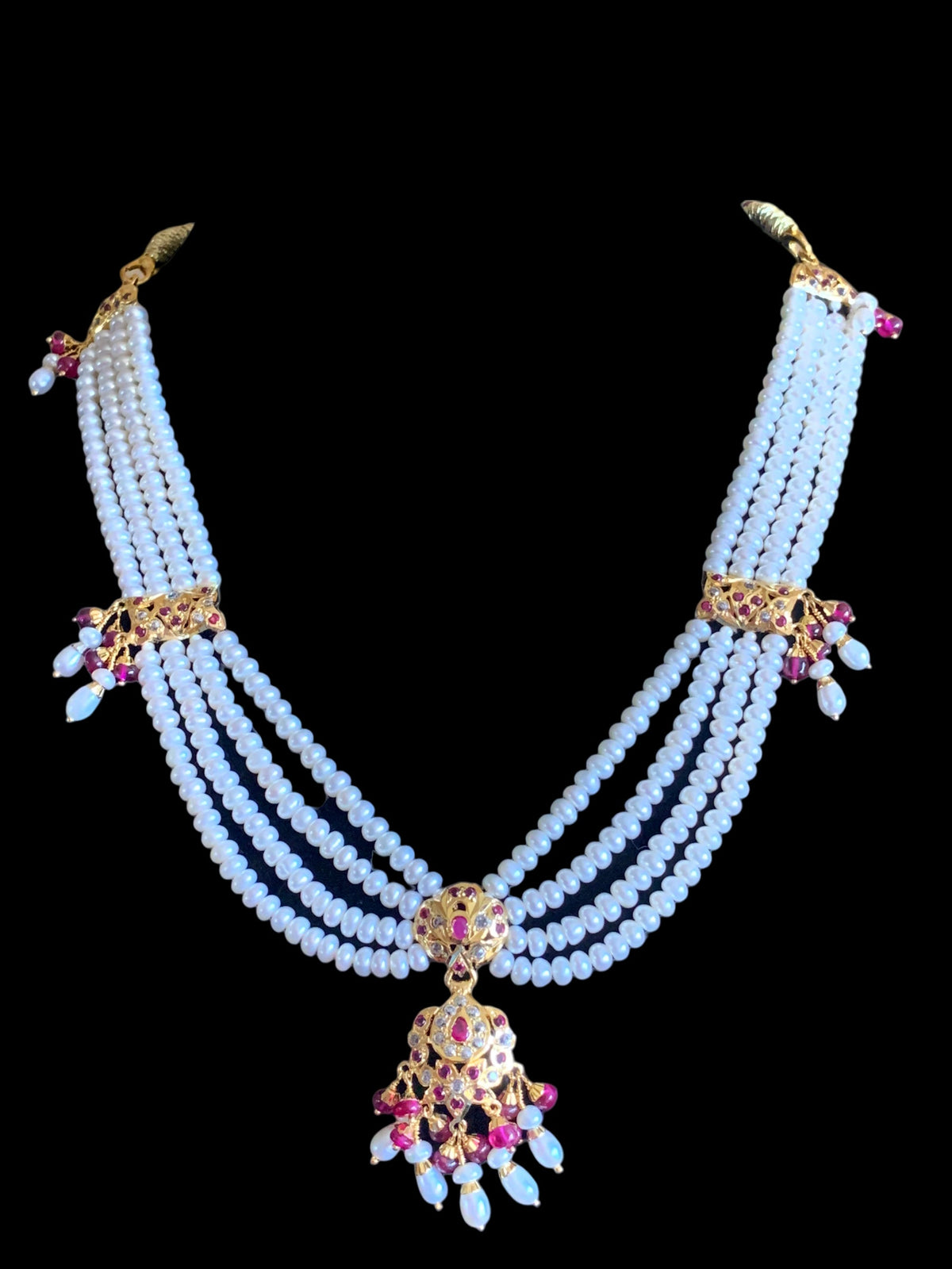Ruby and zircon jadau gold plated silver necklace with earrings ( SHIPS IN 5 WEEKS )