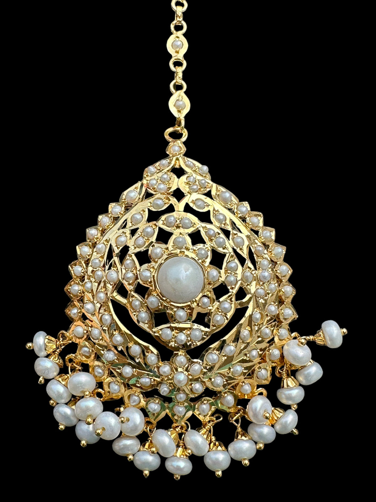 Gold plated silver tikka in fresh water pearls ( SHIPS IN 5 WEEKS )