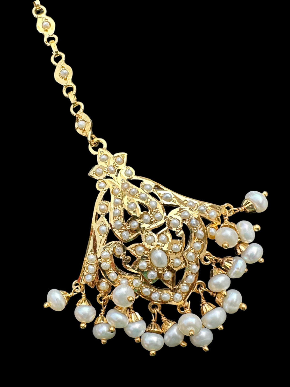 Gold plated silver tikka in fresh water pearls ( SHIPS IN 5 WEEKS )