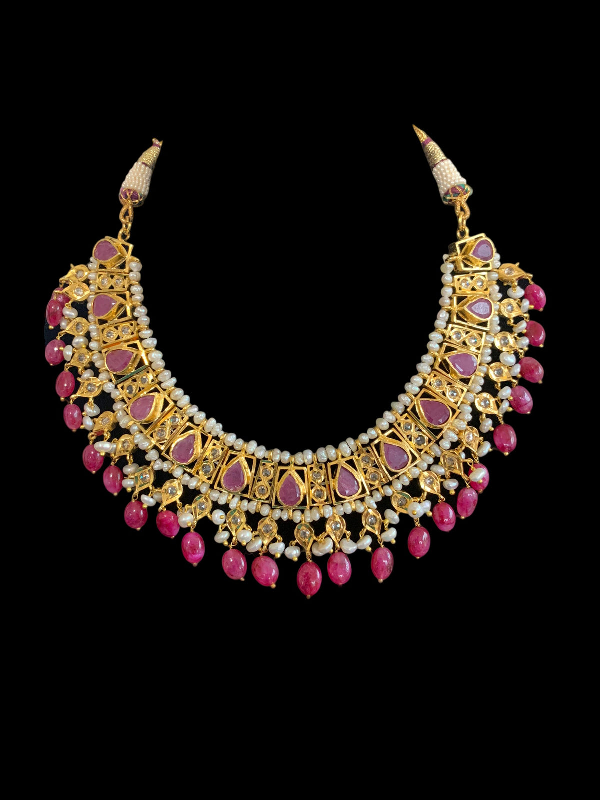 RAKIBA gold plated silver necklace set in ruby with fresh water pearls ( SHIPS IN 6 WEEKS )
