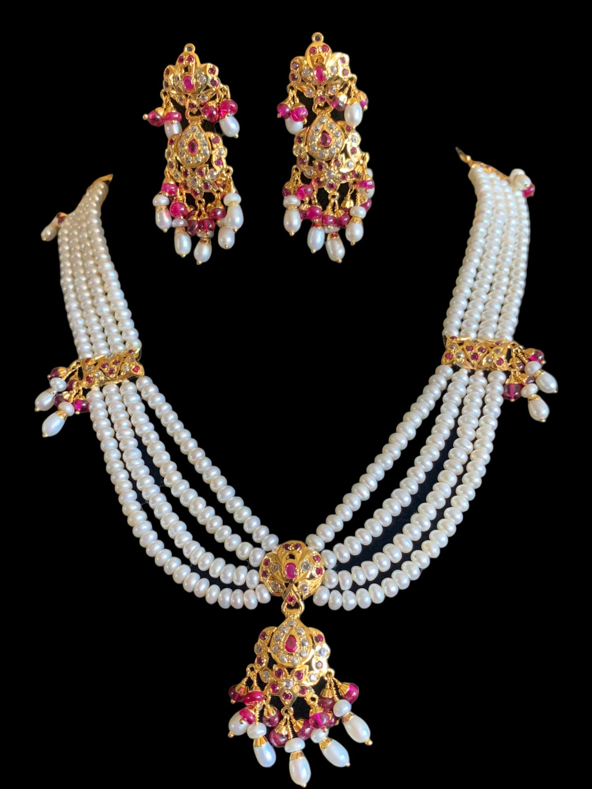 Ruby and zircon jadau gold plated silver necklace with earrings ( SHIPS IN 5 WEEKS )