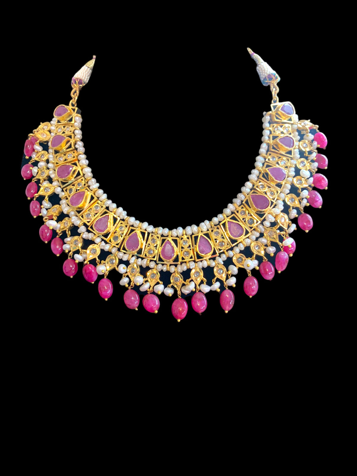 RAKIBA gold plated silver necklace set in ruby with fresh water pearls ( SHIPS IN 6 WEEKS )