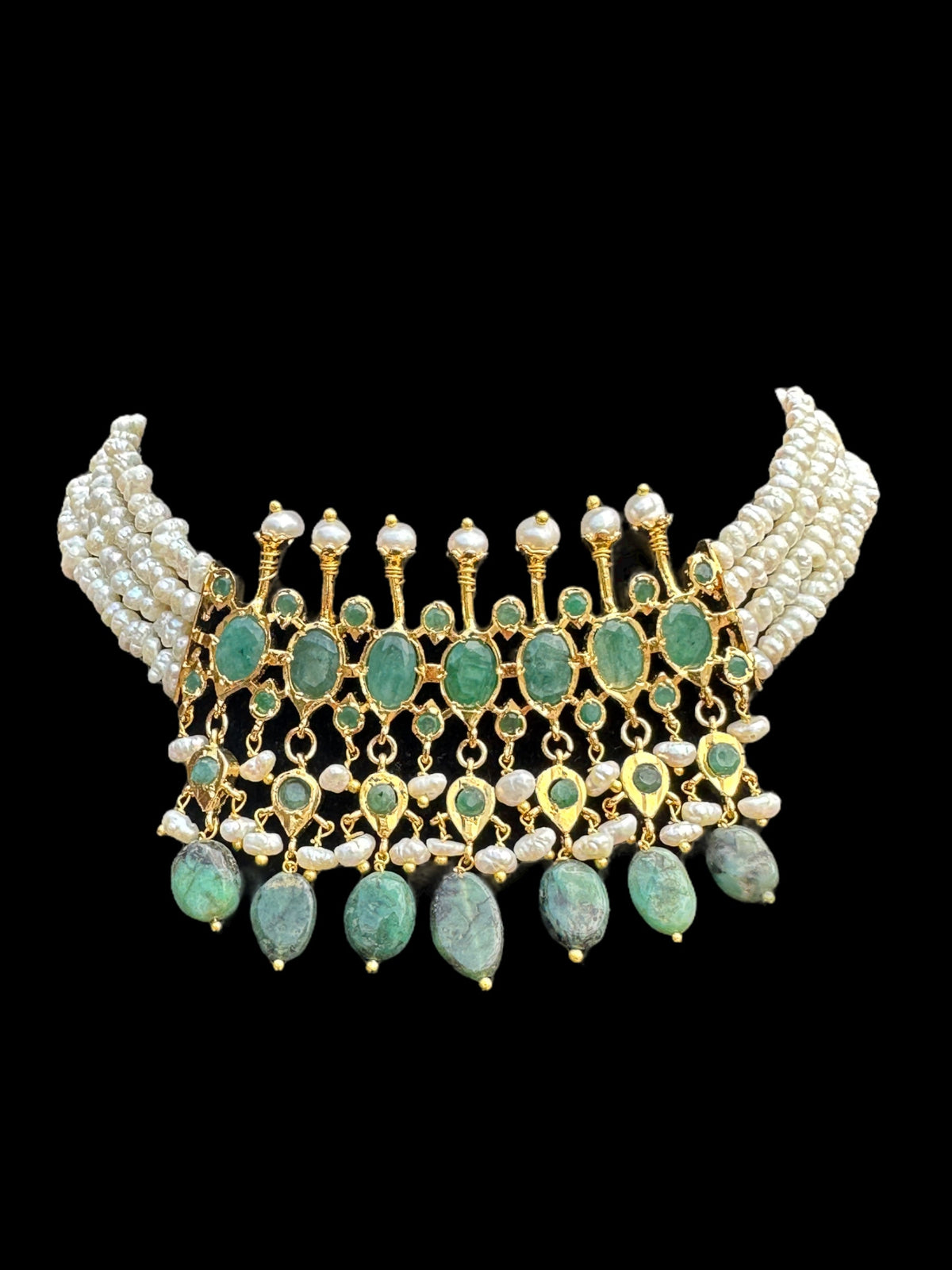 C242 Tirmani in choker style with jhumka  in fresh water pearls and emerald  (SHIPS IN 4 WEEKS)