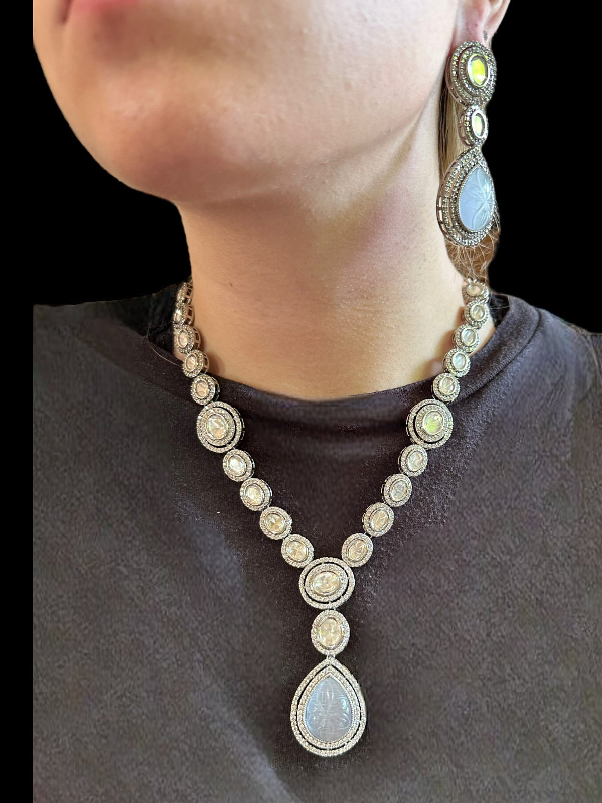 DNS11 Reema high quality Polki necklace set - grey ( READY TO SHIP )