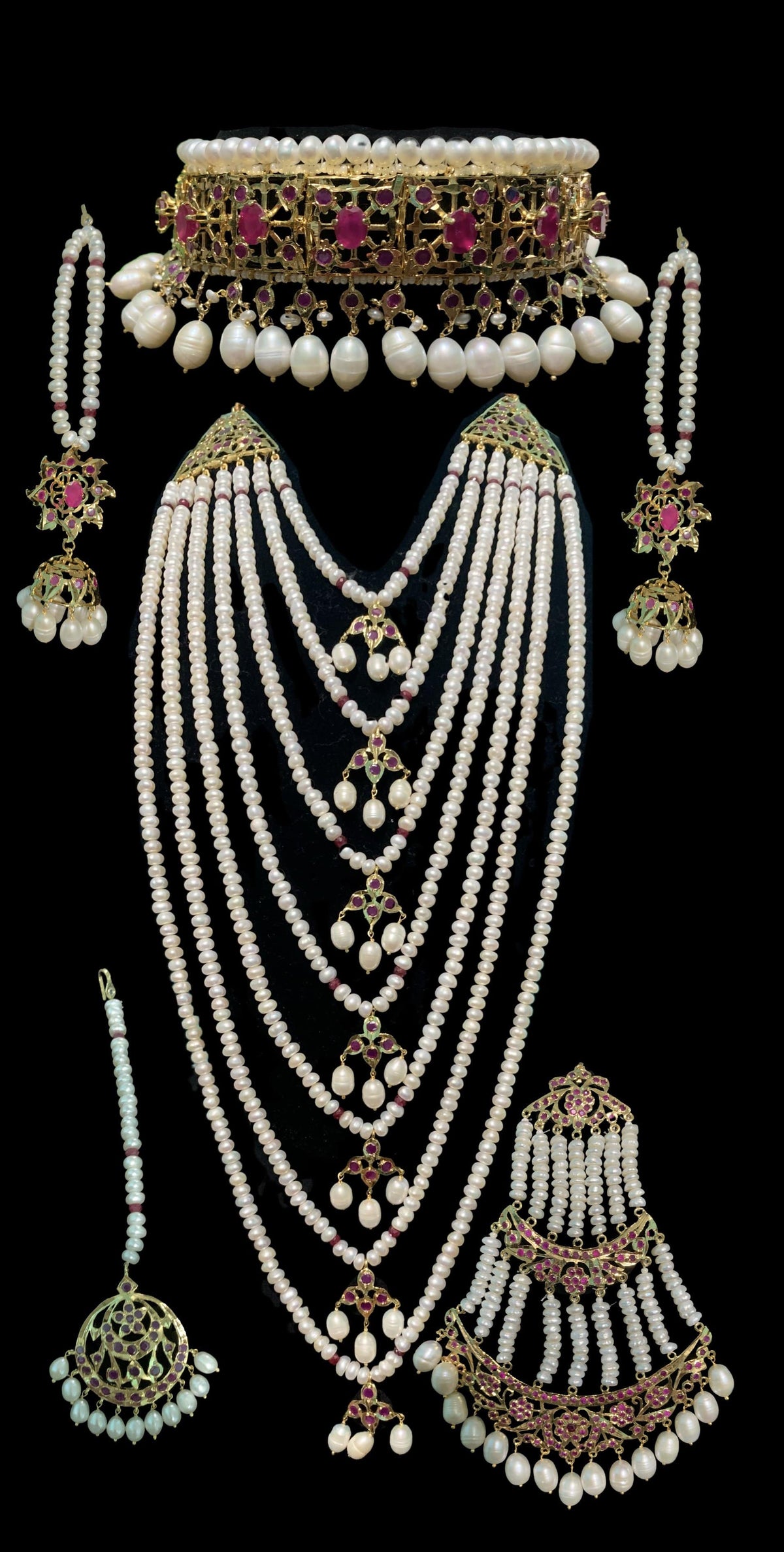 BR7 Insia bridal jadavi lacha satlada set in ruby with fresh water pearls  , SHIPS IN 5 WEEKS