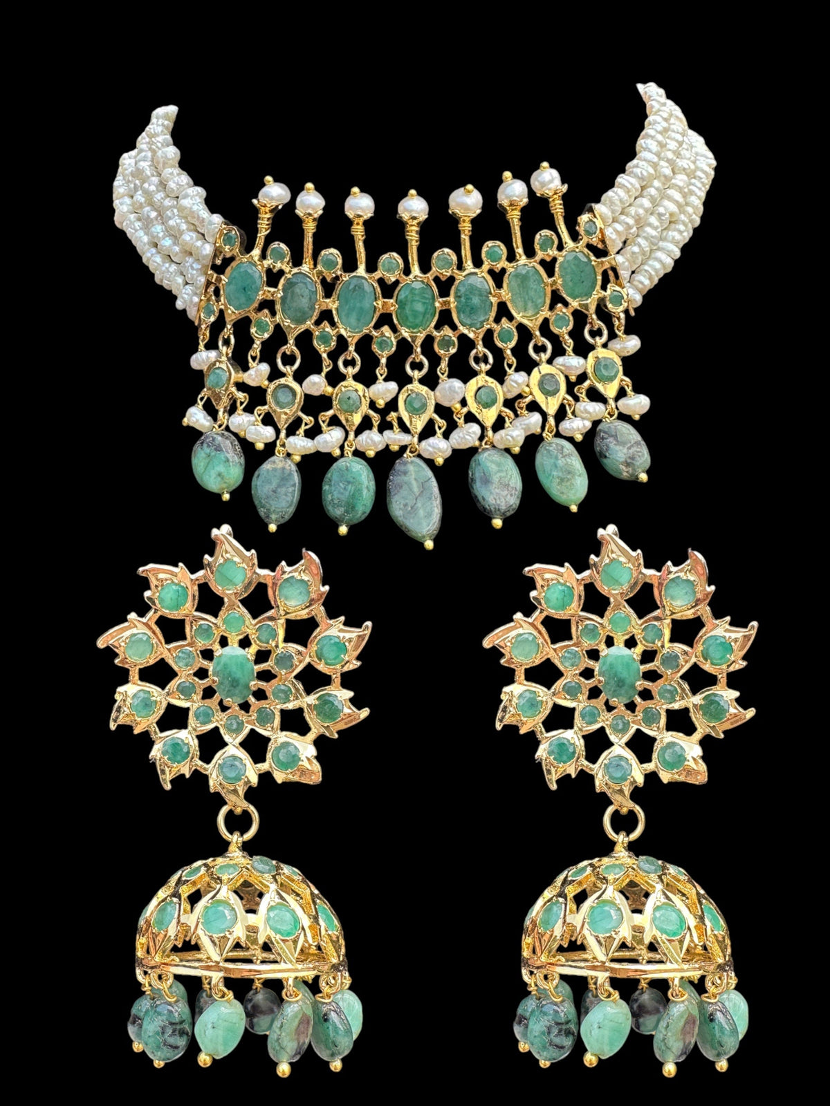 C242 Tirmani in choker style with jhumka  in fresh water pearls and emerald  (SHIPS IN 4 WEEKS)