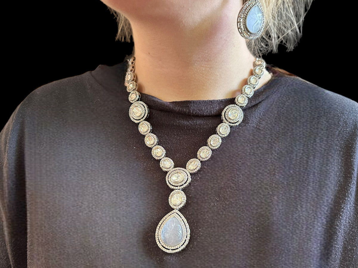 DNS11 Reema high quality Polki necklace set - grey ( READY TO SHIP )