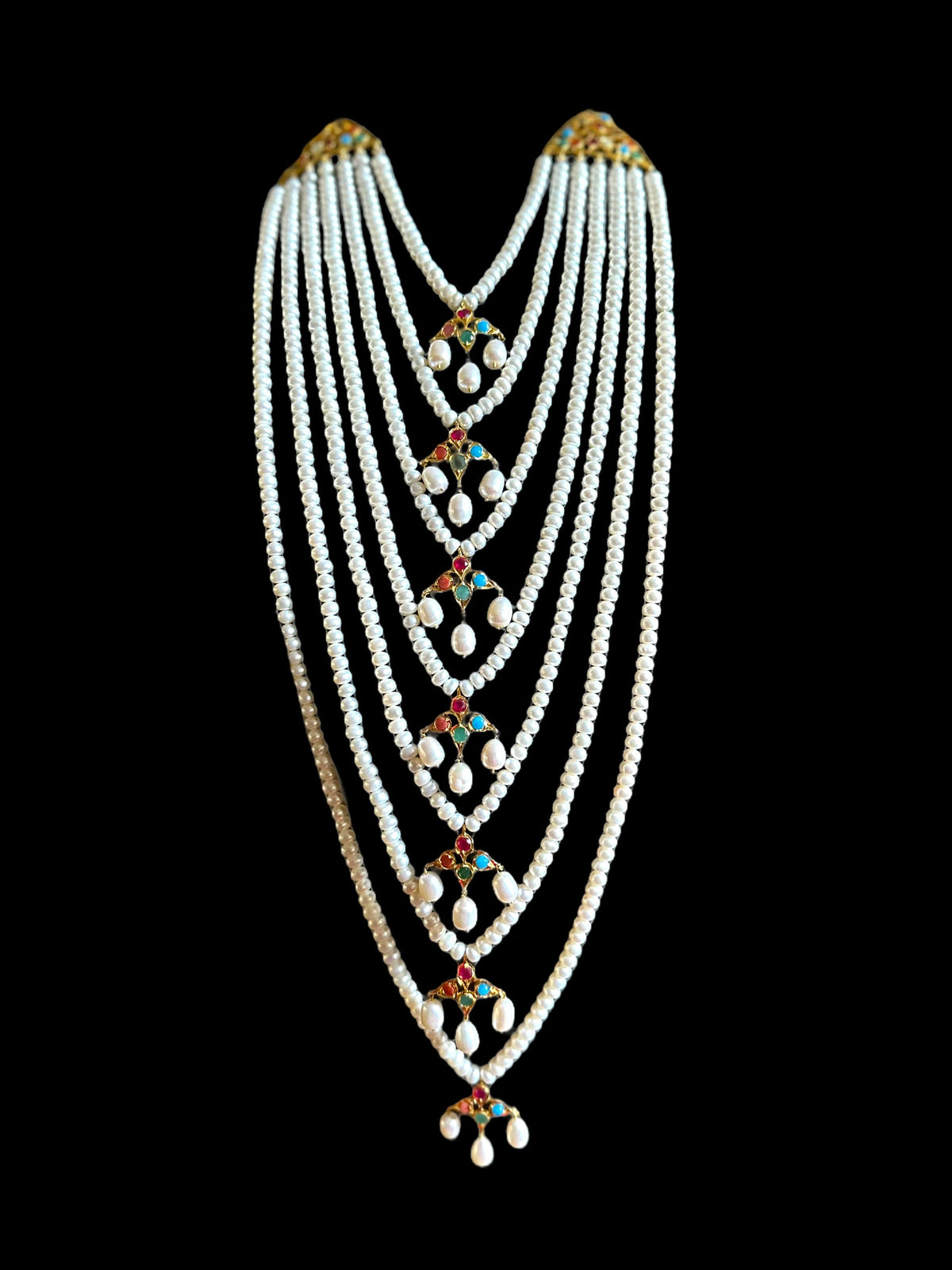 Hyderabadi Navratan satlada in gold plated silver with fresh water pearls (SHIPS IN 5 WEEKS  )