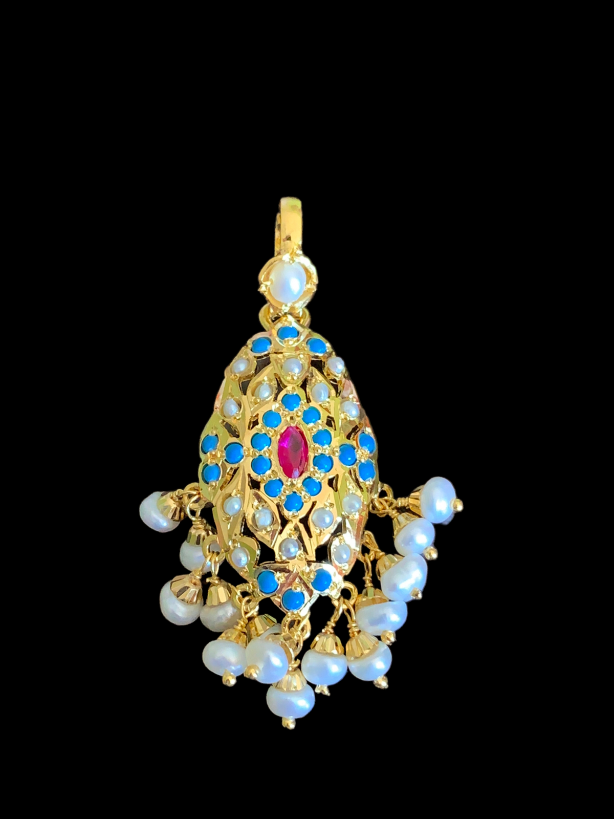Feroza pearl ruby pendant set in gold plated silver ( SHIPS IN 5 WEEKS )