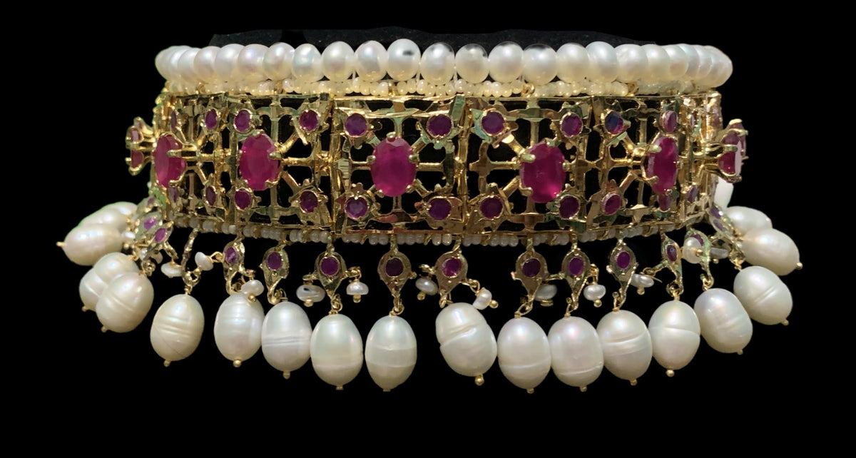 BR7 Insia bridal jadavi lacha satlada set in ruby with fresh water pearls  , SHIPS IN 5 WEEKS