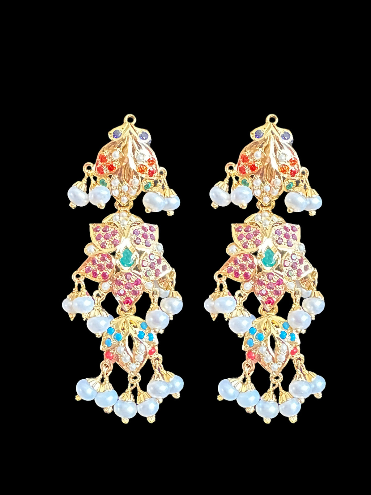 Navratan necklace  set with fresh water pearls in gold plated silver ( READY TO SHIP )