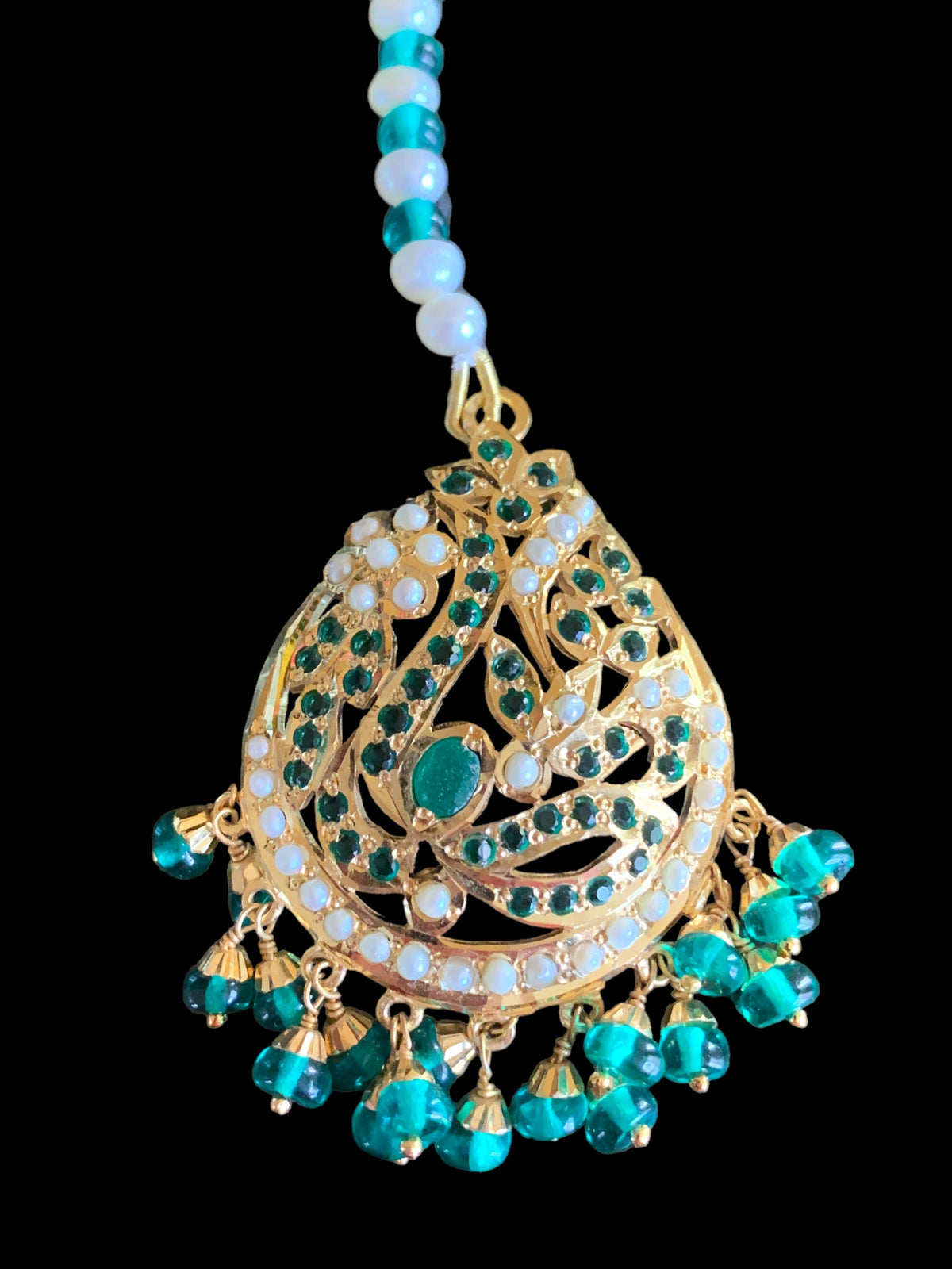 Gold plated silver tikka in pearls and emeralds ( SHIPS IN 5 WEEKS )
