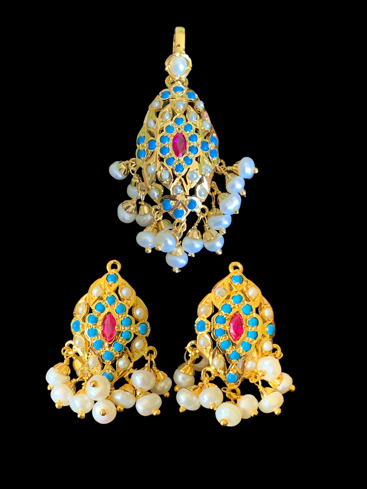 Feroza pearl ruby pendant set in gold plated silver ( SHIPS IN 5 WEEKS )