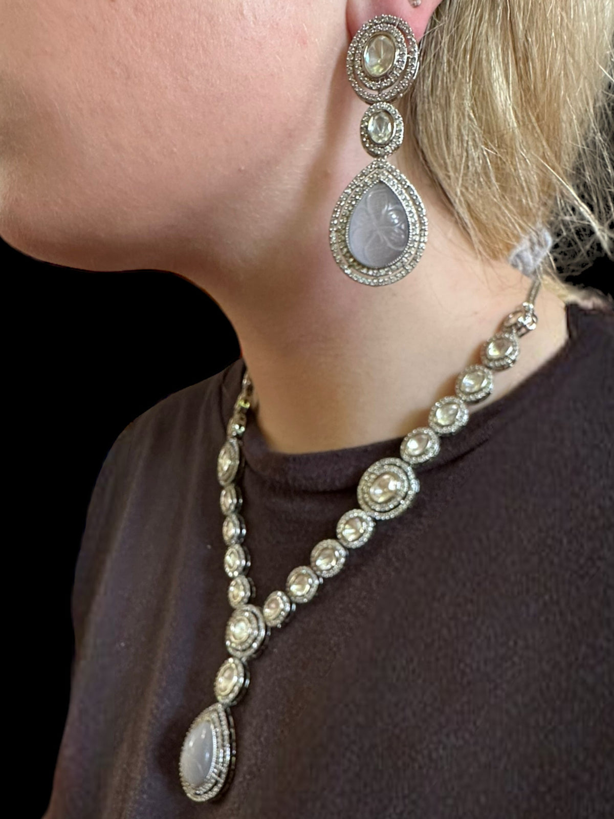 DNS11 Reema high quality Polki necklace set - grey ( READY TO SHIP )