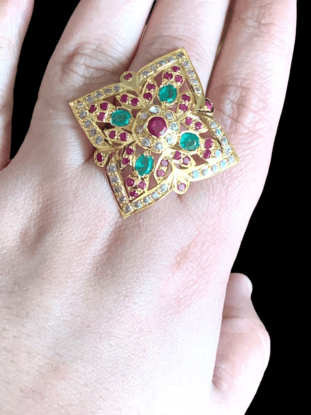 Ruby emerald gold plated silver ring ( SHIPS IN 5 WEEKS )