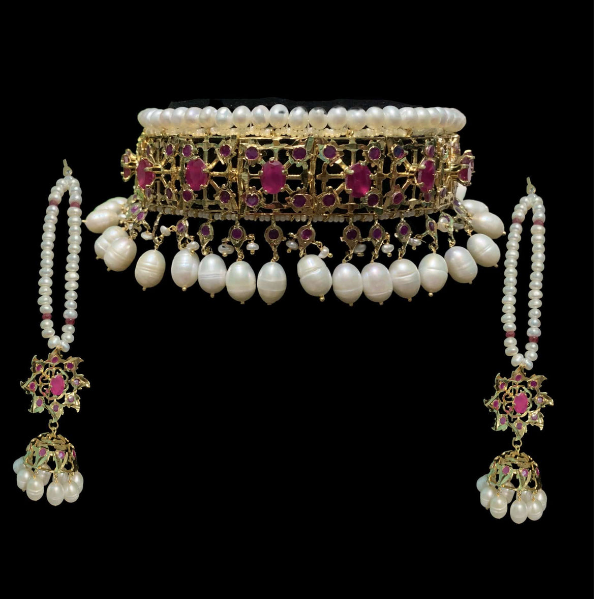 BR7 Insia bridal jadavi lacha satlada set in ruby with fresh water pearls  , SHIPS IN 5 WEEKS