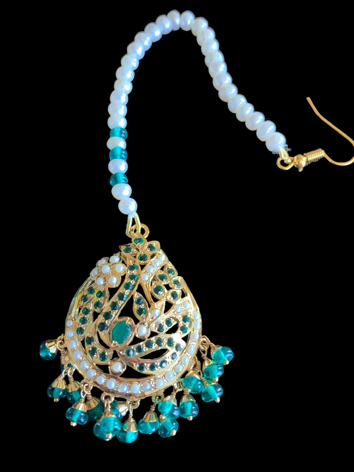 Gold plated silver tikka in pearls and emeralds ( SHIPS IN 5 WEEKS )