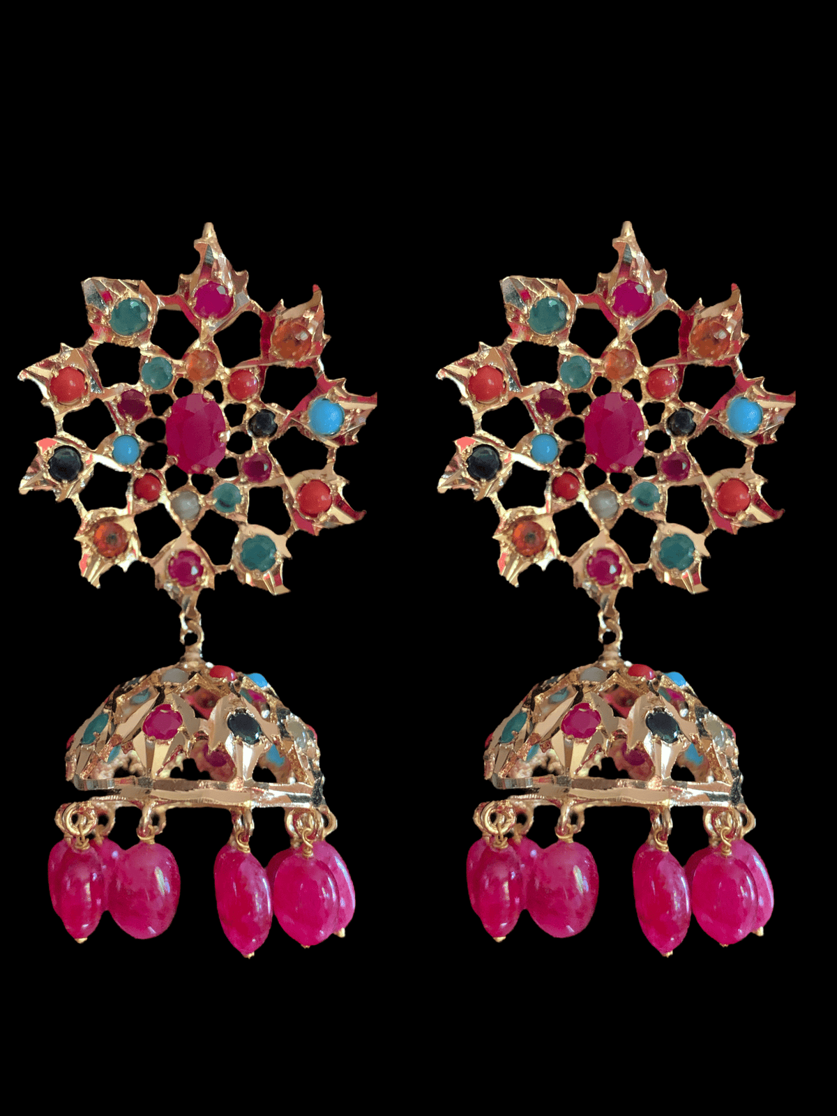 PS510 Navratan Tirmani Necklace with Oversized Jhumka Earrings – Gold-Plated Jewelry with Freshwater Pearls and Real Ruby Beads  ( READY TO SHIP )