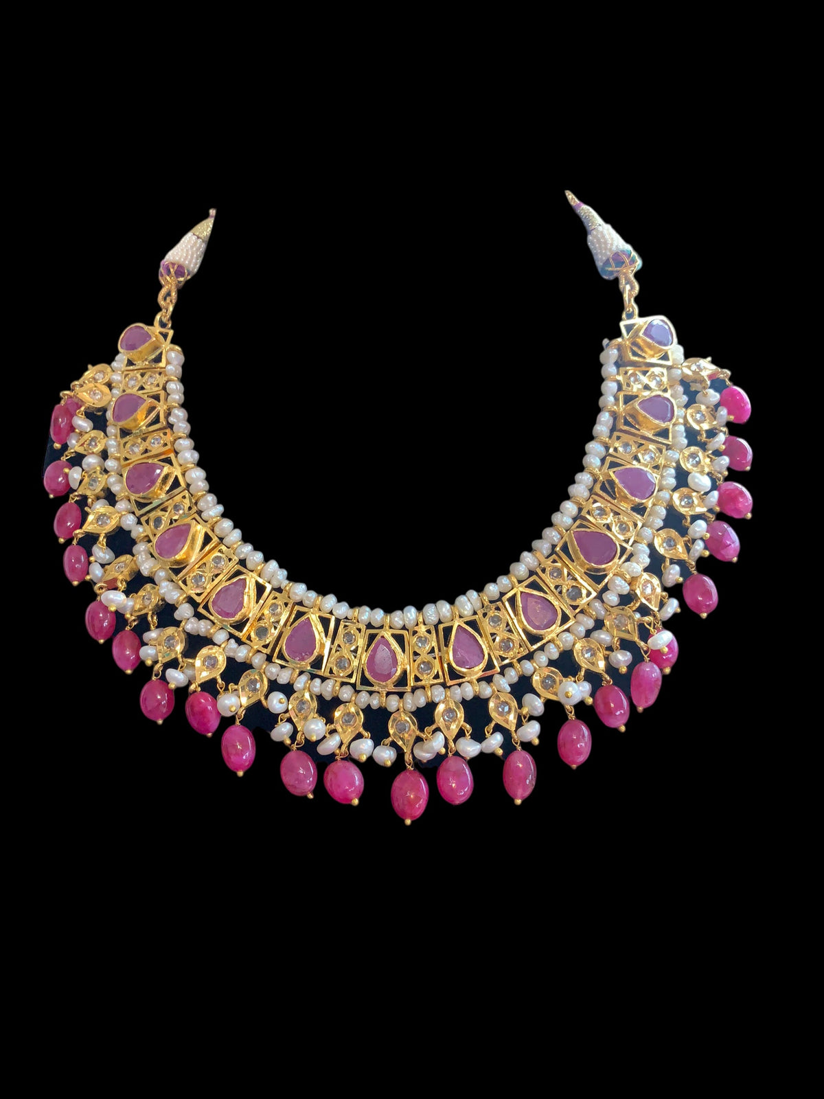 RAKIBA gold plated silver necklace set in ruby with fresh water pearls ( SHIPS IN 6 WEEKS )