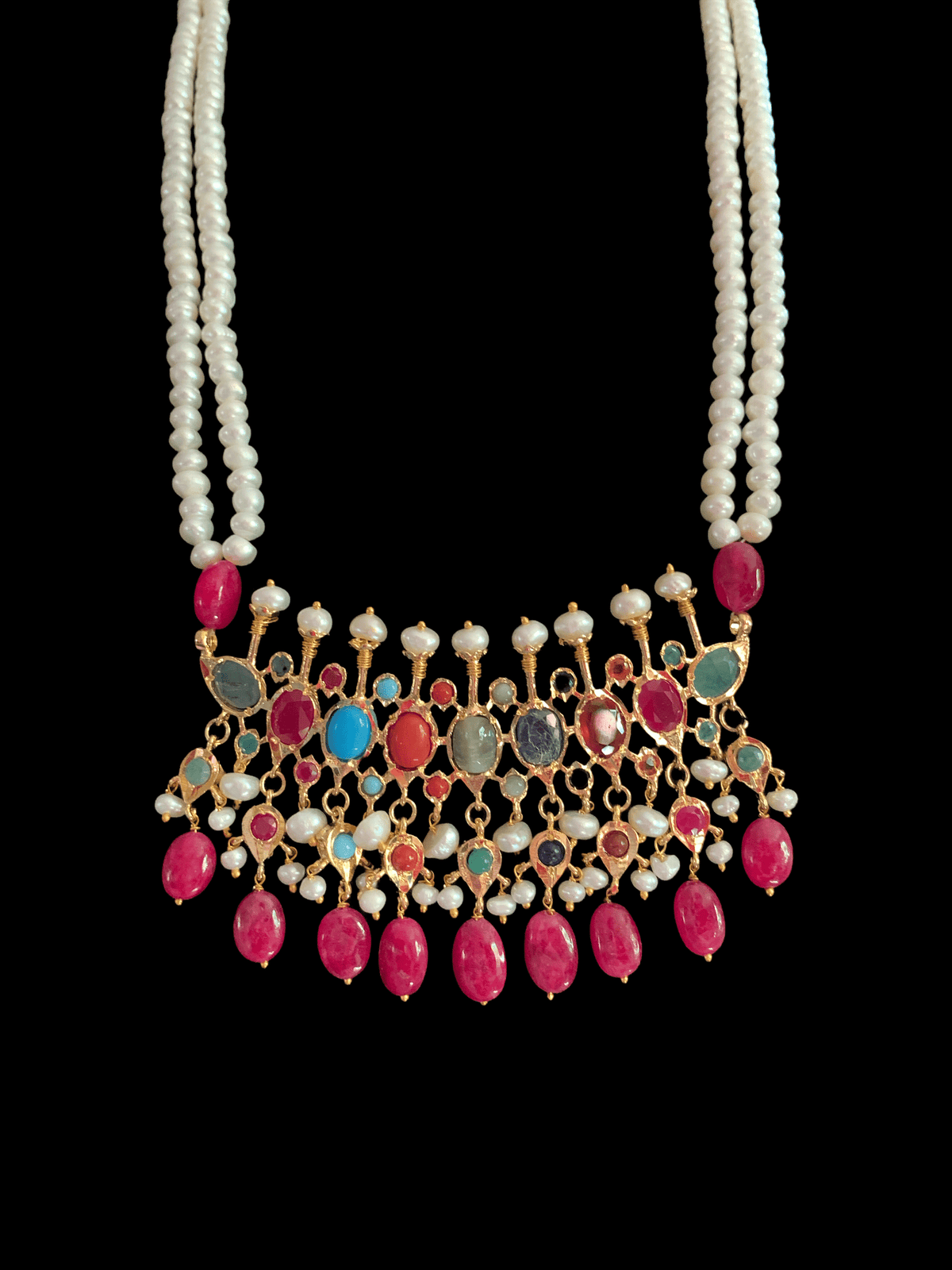 PS510 Navratan Tirmani Necklace with Oversized Jhumka Earrings – Gold-Plated Jewelry with Freshwater Pearls and Real Ruby Beads  ( READY TO SHIP )