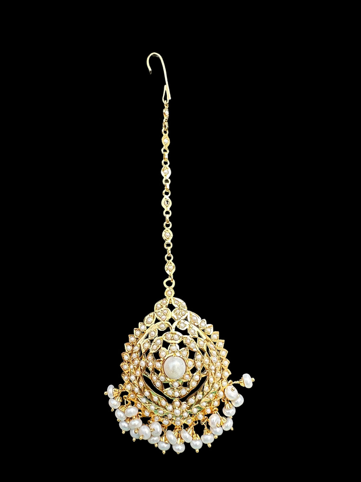 Gold plated silver tikka in fresh water pearls ( SHIPS IN 5 WEEKS )