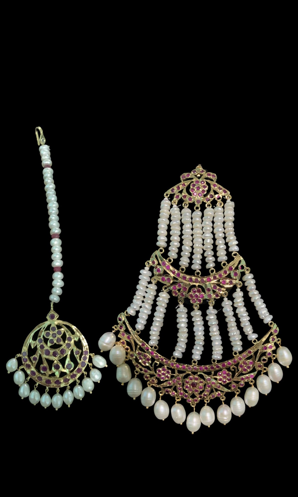 BR7 Insia bridal jadavi lacha satlada set in ruby with fresh water pearls  , SHIPS IN 5 WEEKS