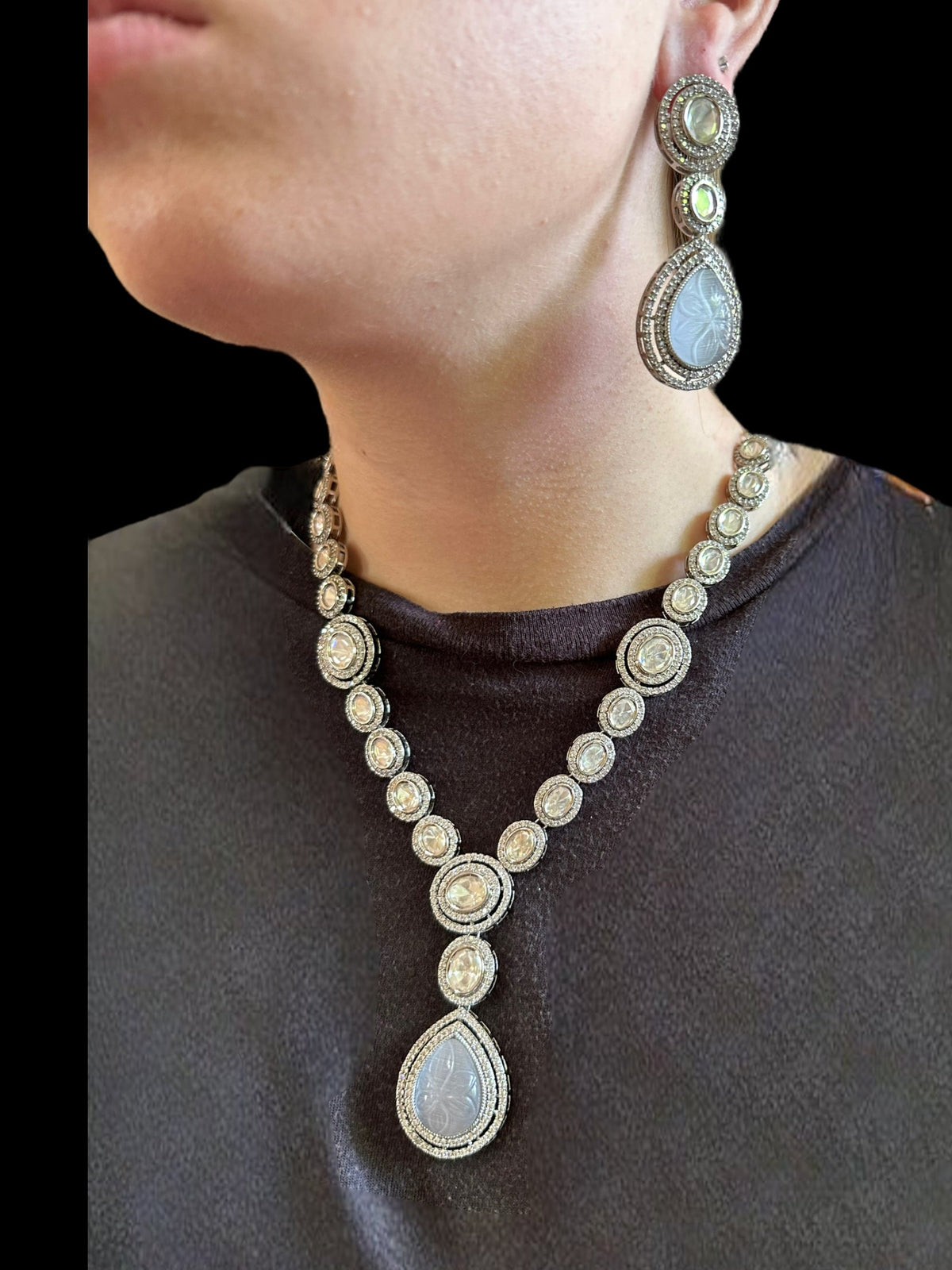 DNS11 Reema high quality Polki necklace set - grey ( READY TO SHIP )