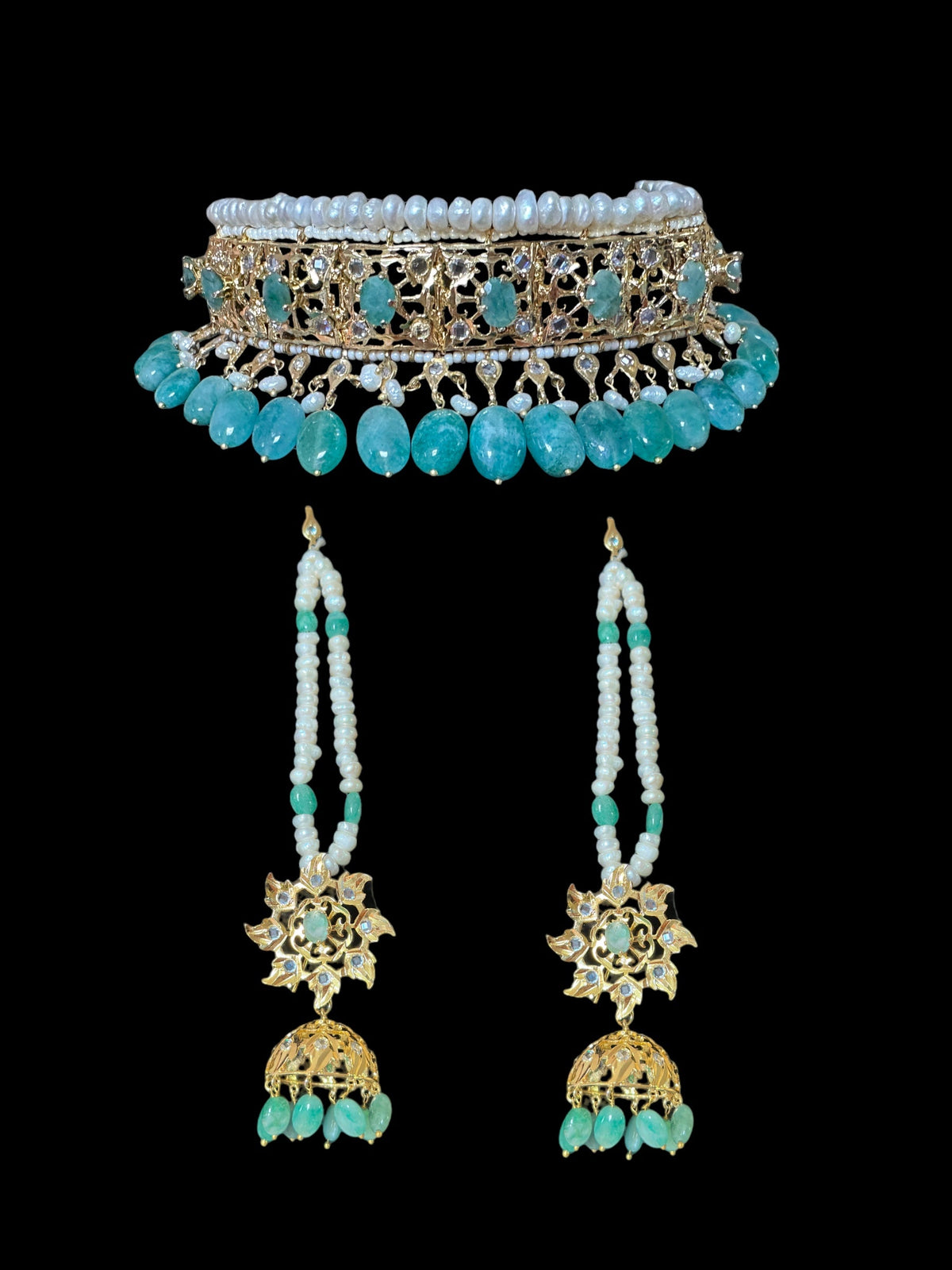 C266 Hyderabadi jadavi lacha in fresh water  pearls and emerald beads (READY TO SHIP  )