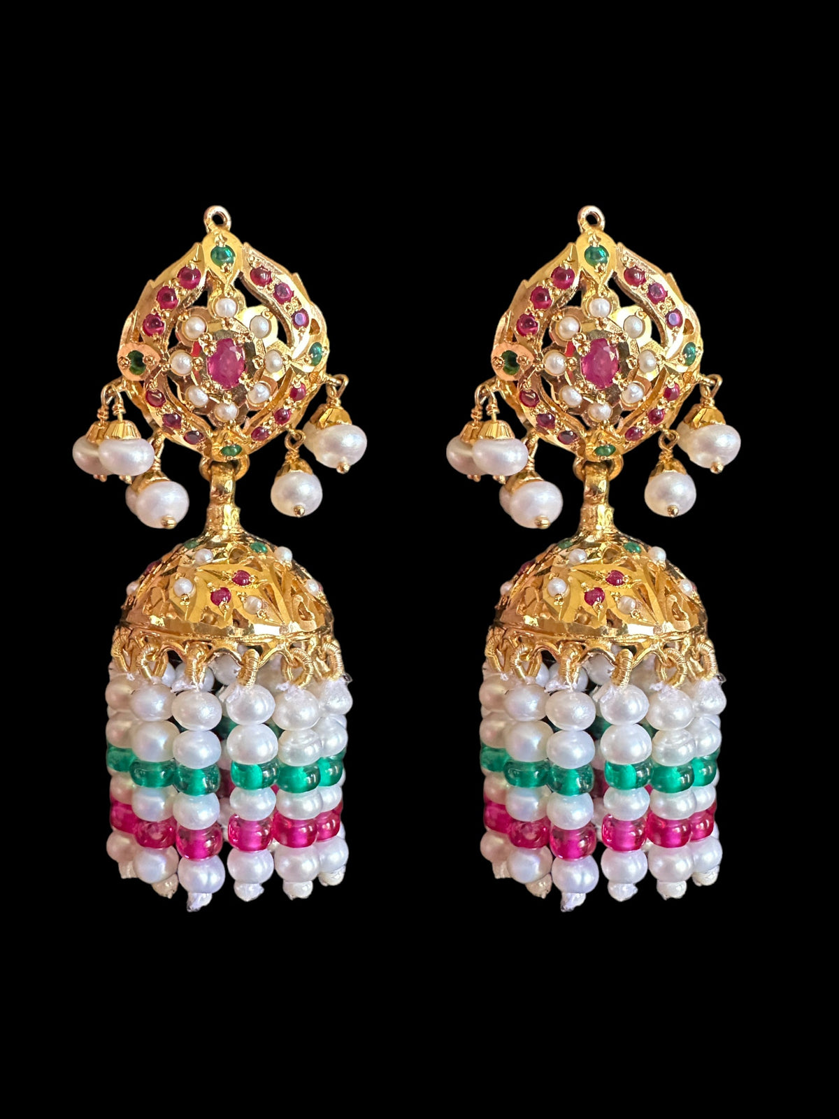 Ruby emerald with  Fresh water pearl jhumka in gold plated silver ( SHIPS IN 5 WEEKS  )