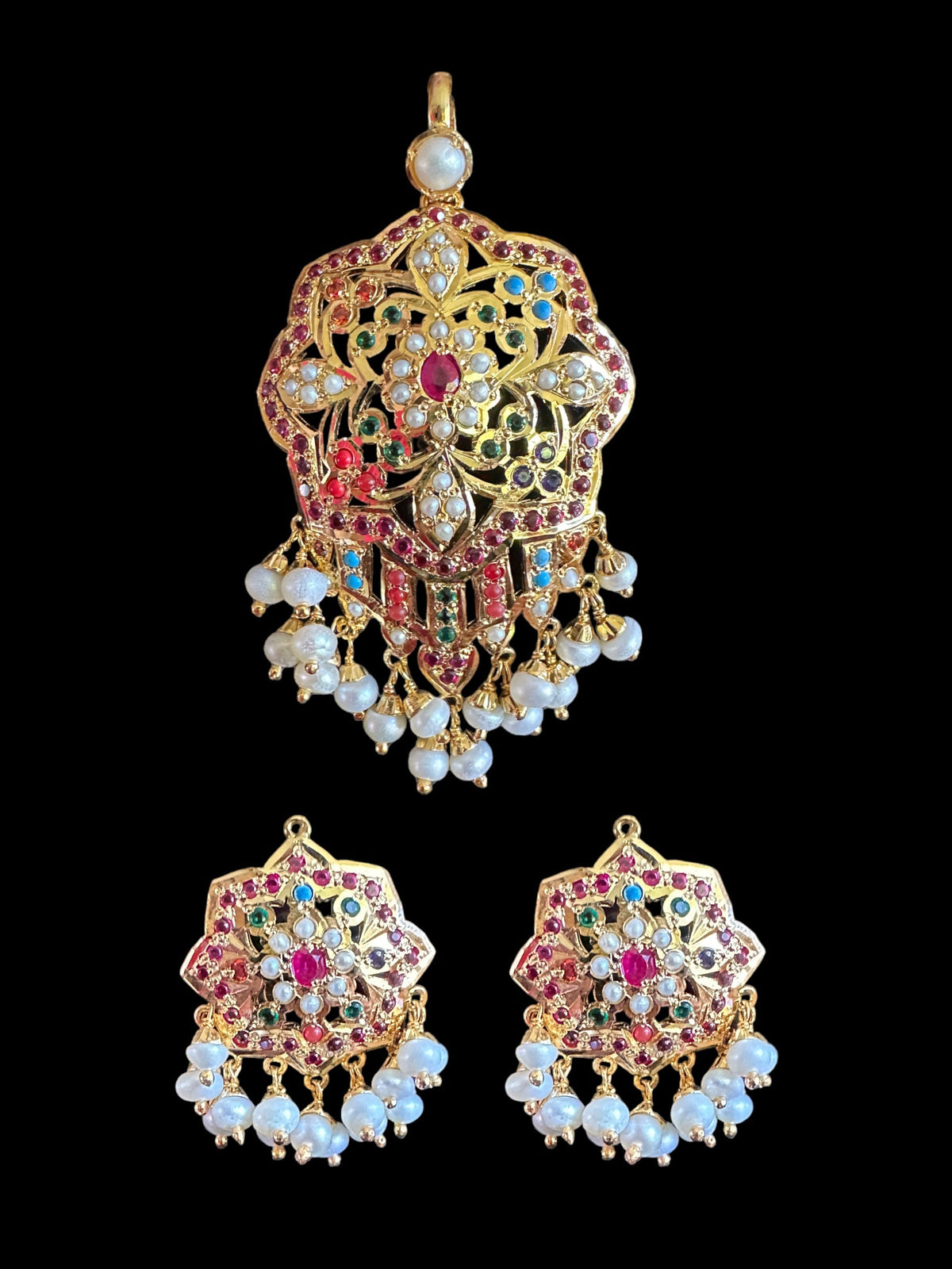 Navratan with Fresh water pearl gold plated silver pendant set  ( SHIPS IN 5 WEEKS  )