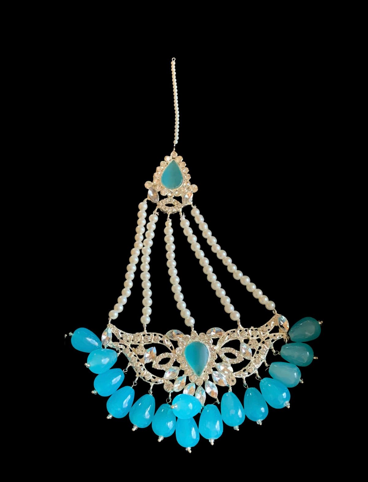 JTK4  Yusra jhoomar tika in blue beads ( READY TO SHIP )