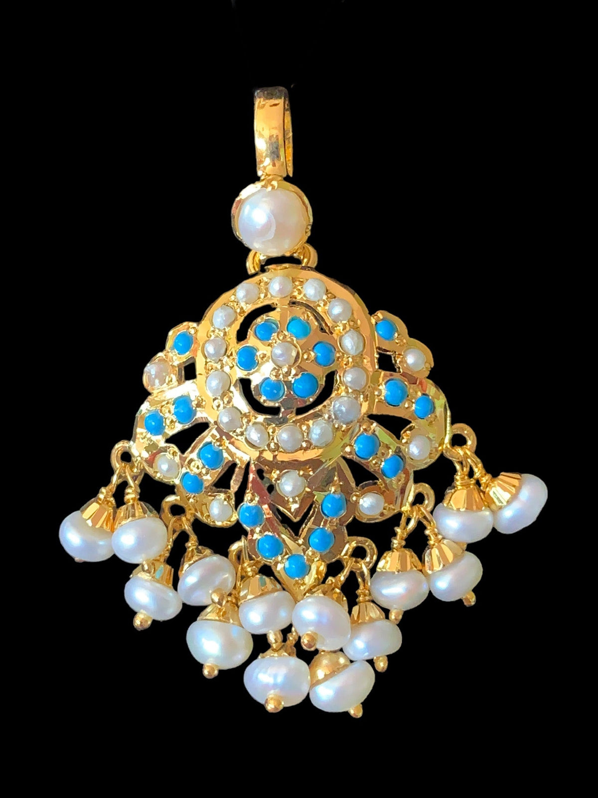 Gold plated silver pendant set in turquoise / feroza ( SHIPS IN 5 WEEKS )