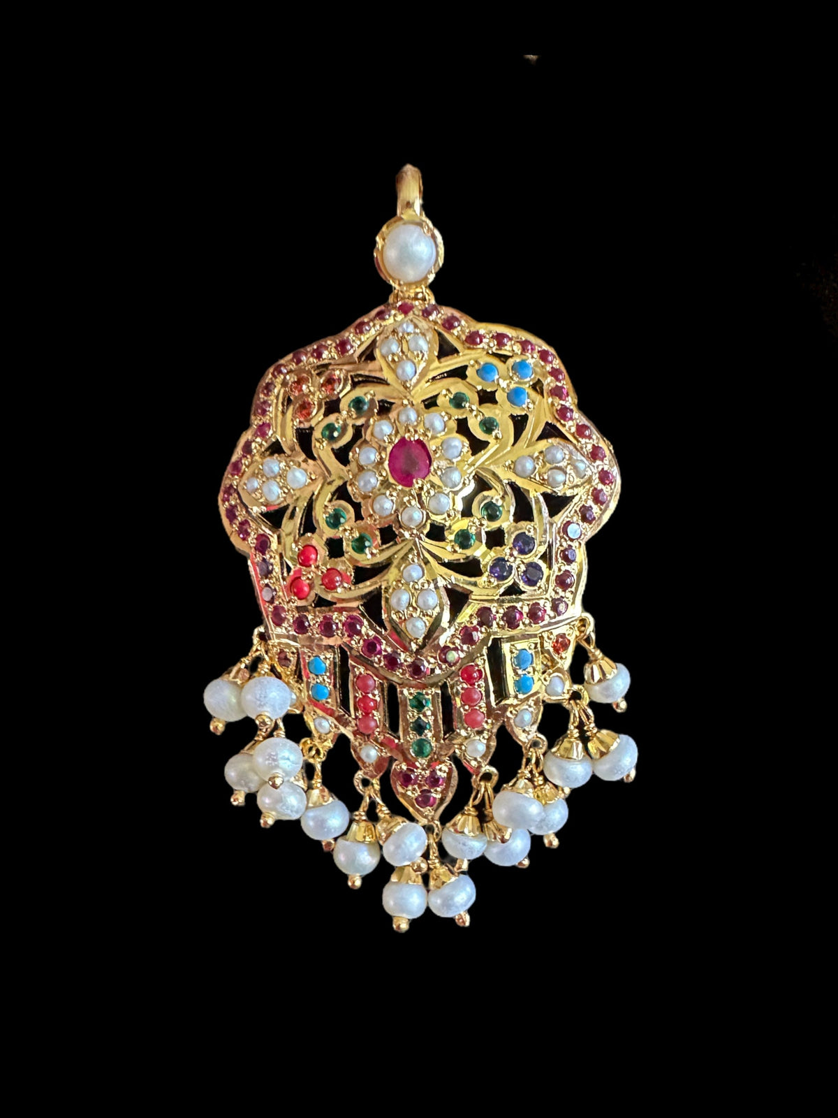 Navratan with Fresh water pearl gold plated silver pendant set  ( SHIPS IN 5 WEEKS  )