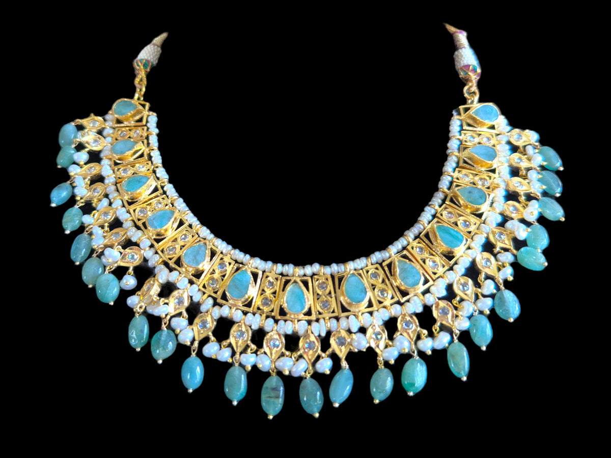 RAKIBA gold plated silver necklace set in emerald  with fresh water pearls ( SHIPS IN 5 WEEKS )