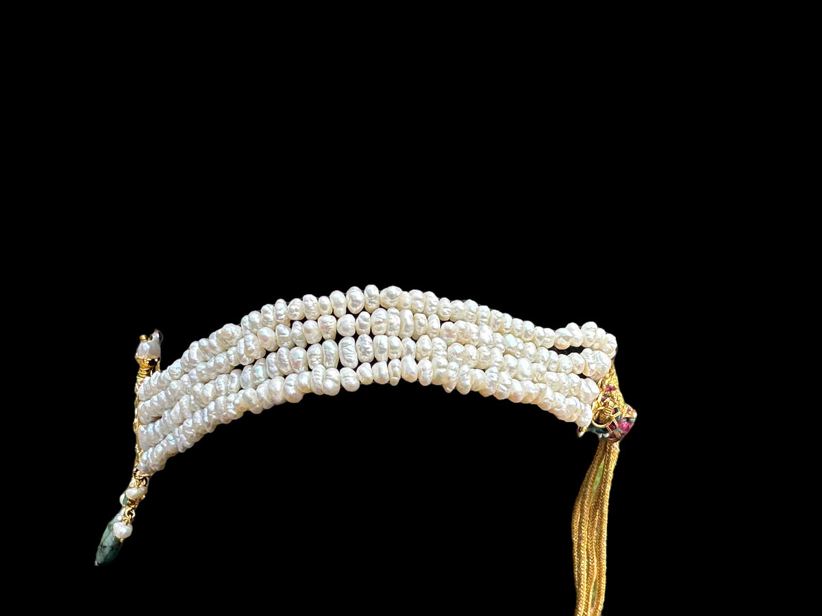 C242 Tirmani in choker style with jhumka  in fresh water pearls and emerald  (SHIPS IN 4 WEEKS)