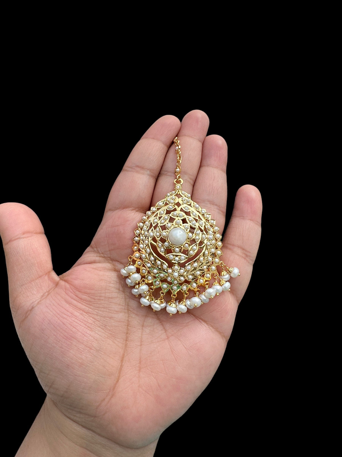 Gold plated silver tikka in fresh water pearls ( SHIPS IN 5 WEEKS )