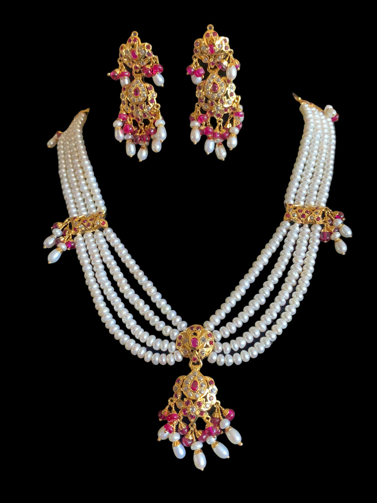 Ruby and zircon jadau gold plated silver necklace with earrings ( SHIPS IN 5 WEEKS )